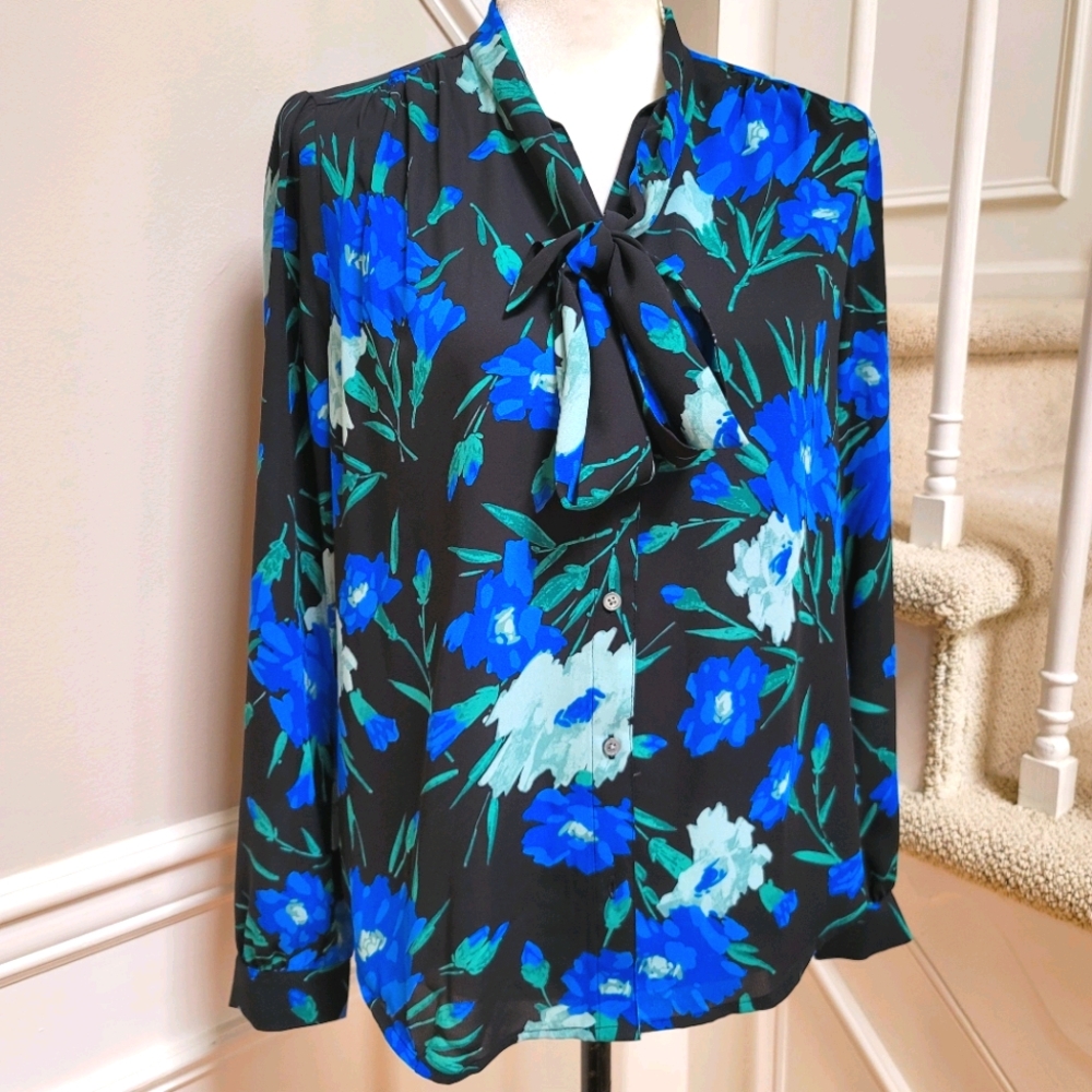 New! J. Crew size Small S Long Sleeve Bow Top Blue Floral Blouse NWT - Picture 3 of 16